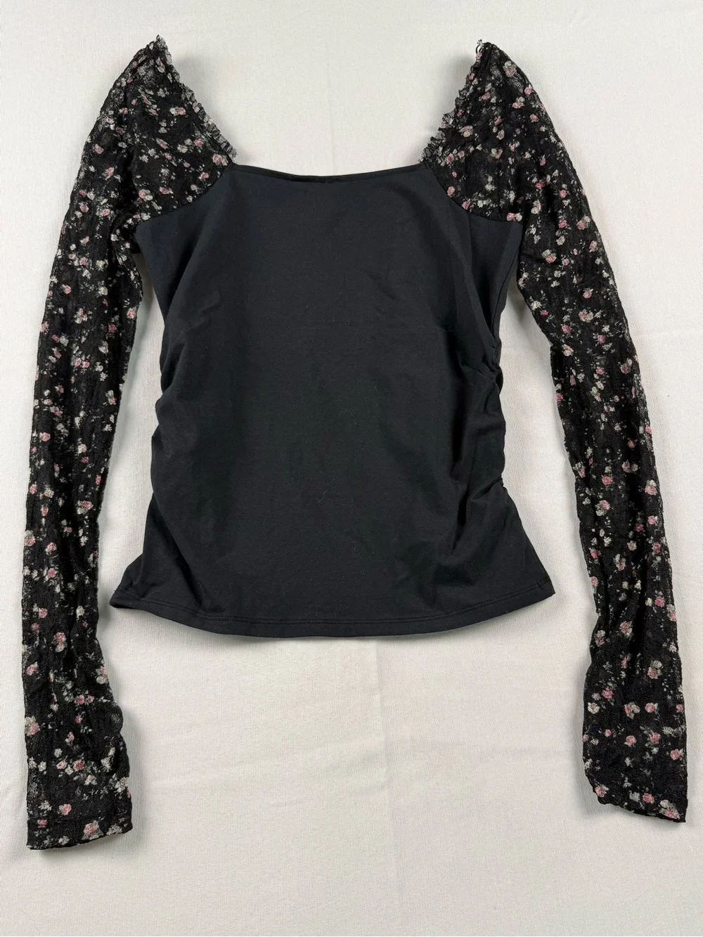Free People Black Lace-Sleeve Long Sleeve Tee